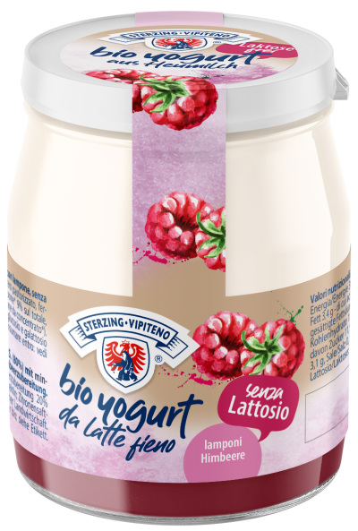 Jogurt malinowy z mleka siennego o obniżonej zawartości laktozy bezglutenowy 150 g - Sterzing-Vipiteno (EKO)